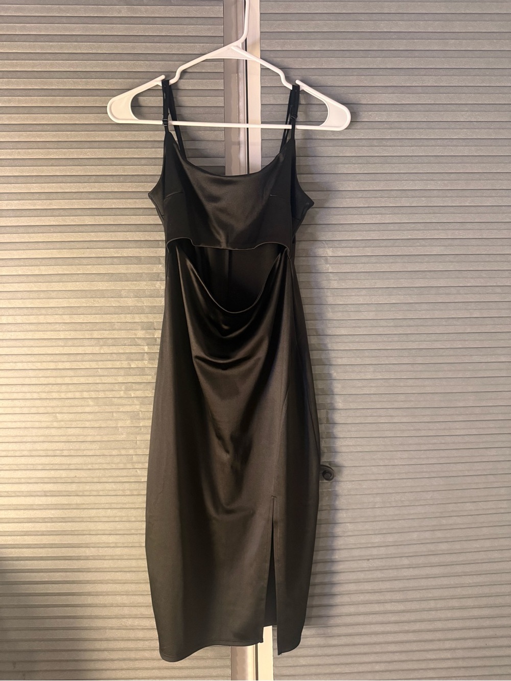 Inspired Hearts Black Satin Midi Dress with Draped Cutout